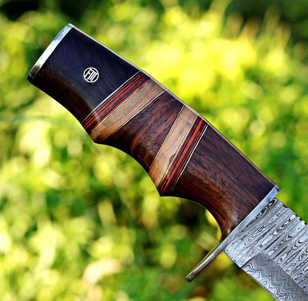 Custom Damascus Bowie Knife with Stacked Wood Handle & Leather Sheath Unique Blades Runner