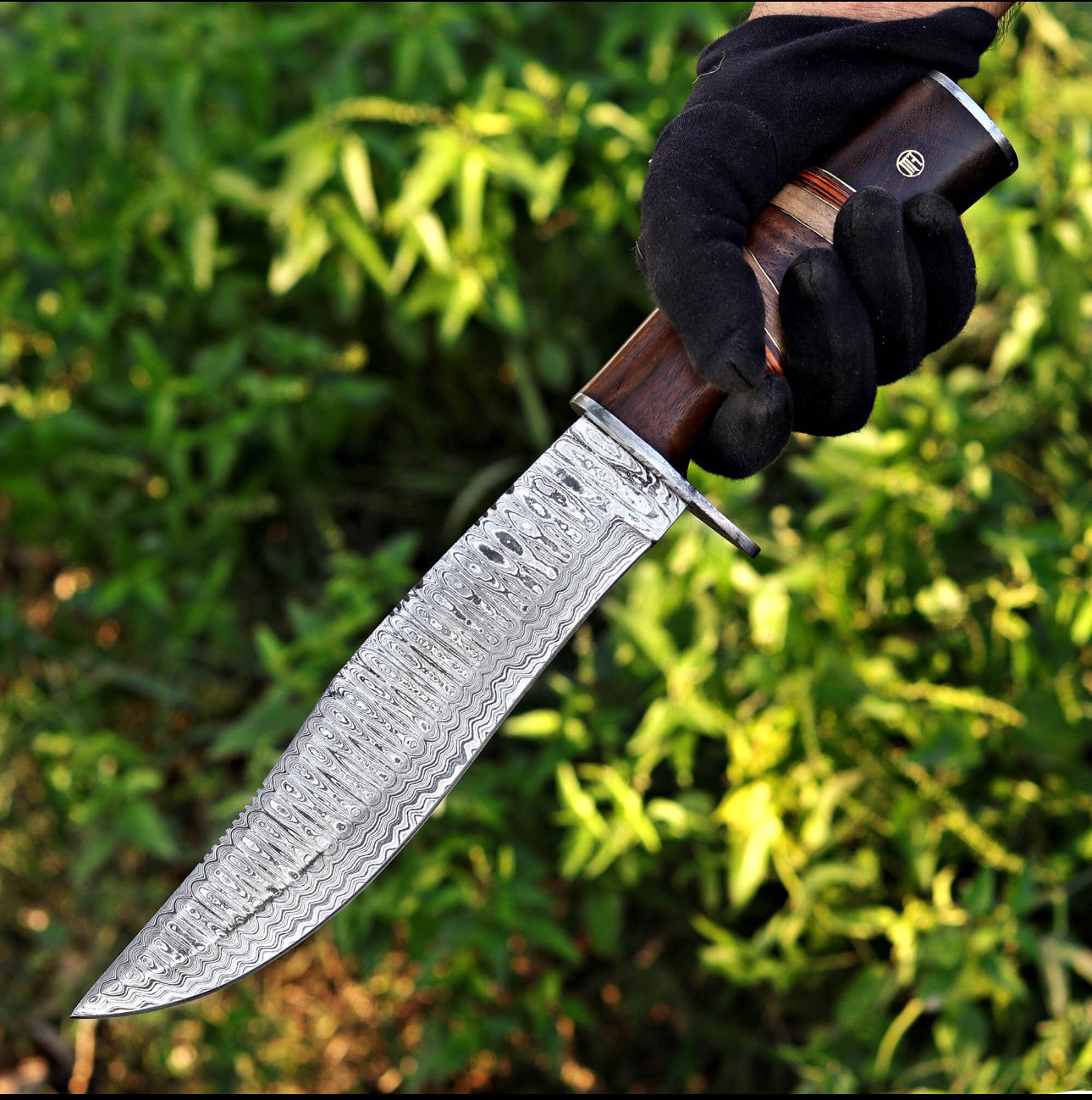 Custom Damascus Bowie Knife with Stacked Wood Handle & Leather Sheath Unique Blades Runner