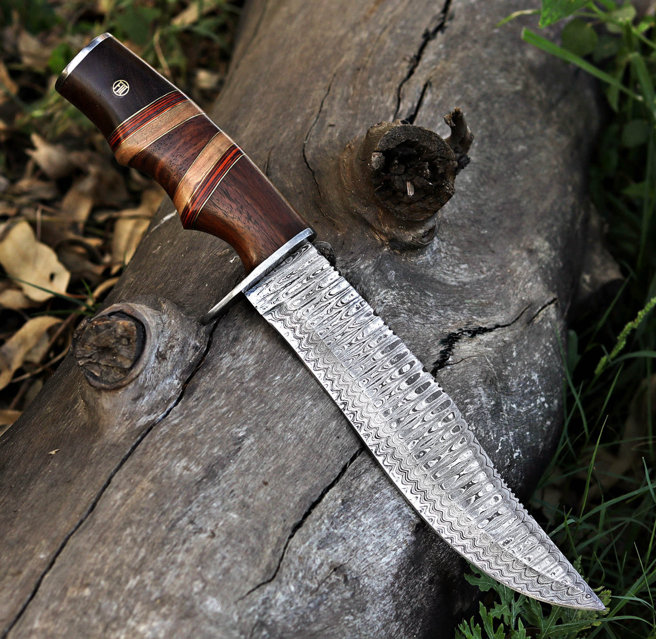 Custom Damascus Bowie Knife with Stacked Wood Handle & Leather Sheath Unique Blades Runner