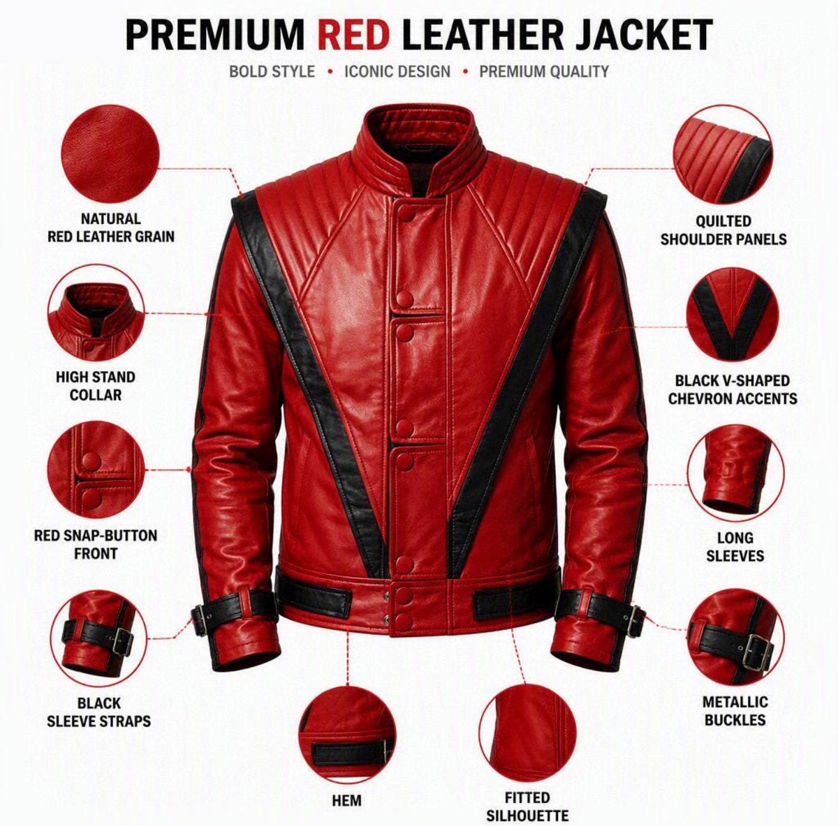 80s Pop Star Red & Black Leather Jacket, Men's Handmade V-Stripe Biker Coat, Vintage Rock Motorcycle Jacket Unique Blades Runner