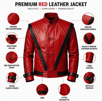 80s Pop Star Red & Black Leather Jacket, Men's Handmade V-Stripe Biker Coat, Vintage Rock Motorcycle Jacket Unique Blades Runner