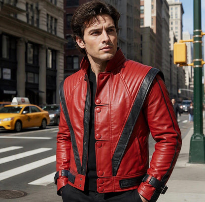 80s Pop Star Red & Black Leather Jacket, Men's Handmade V-Stripe Biker Coat, Vintage Rock Motorcycle Jacket Unique Blades Runner