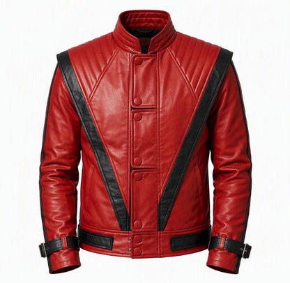 80s Pop Star Red & Black Leather Jacket, Men's Handmade V-Stripe Biker Coat, Vintage Rock Motorcycle Jacket Unique Blades Runner