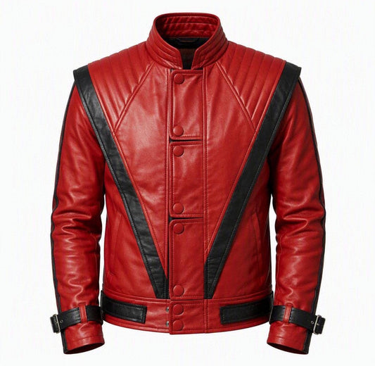 80s Pop Star Red & Black Leather Jacket, Men's Handmade V-Stripe Biker Coat, Vintage Rock Motorcycle Jacket Unique Blades Runner
