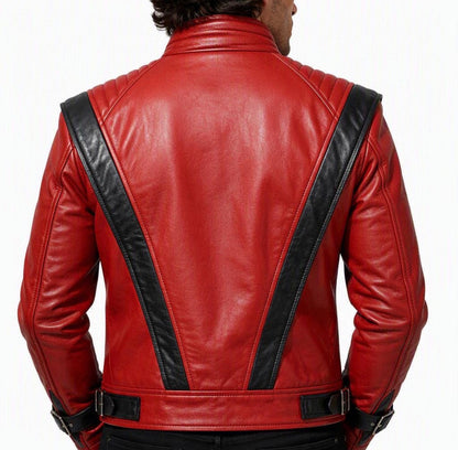 80s Pop Star Red & Black Leather Jacket, Men's Handmade V-Stripe Biker Coat, Vintage Rock Motorcycle Jacket Unique Blades Runner