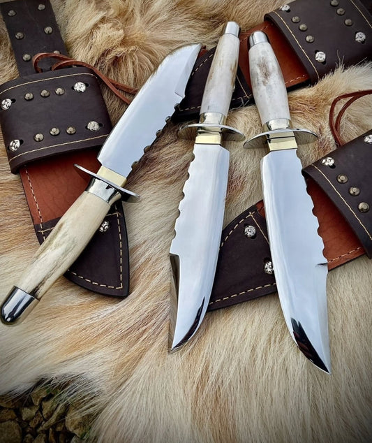 Colonel Bowie Knife Set of 3 | Mirror Polish Steel Blades with Stag Handles Unique Blades Runner