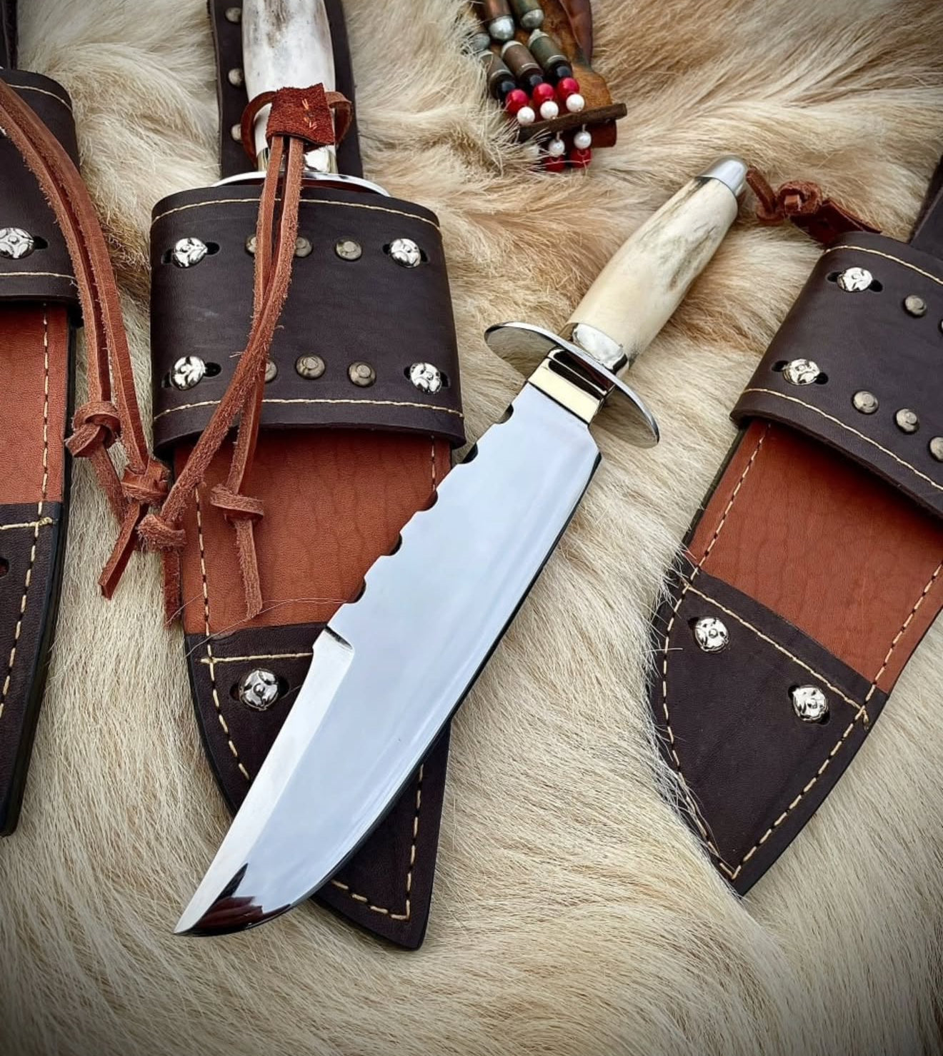 Colonel Bowie Knife Set of 3 | Mirror Polish Steel Blades with Stag Handles Unique Blades Runner