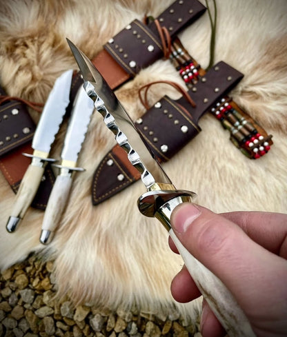 Colonel Bowie Knife Set of 3 | Mirror Polish Steel Blades with Stag Handles Unique Blades Runner