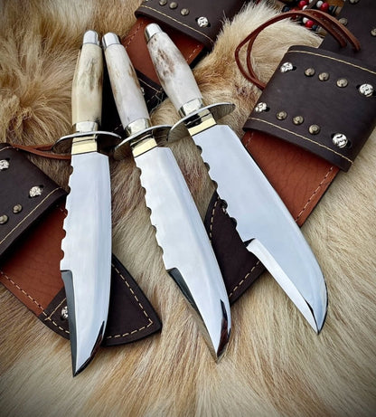 Colonel Bowie Knife Set of 3 | Mirror Polish Steel Blades with Stag Handles Unique Blades Runner