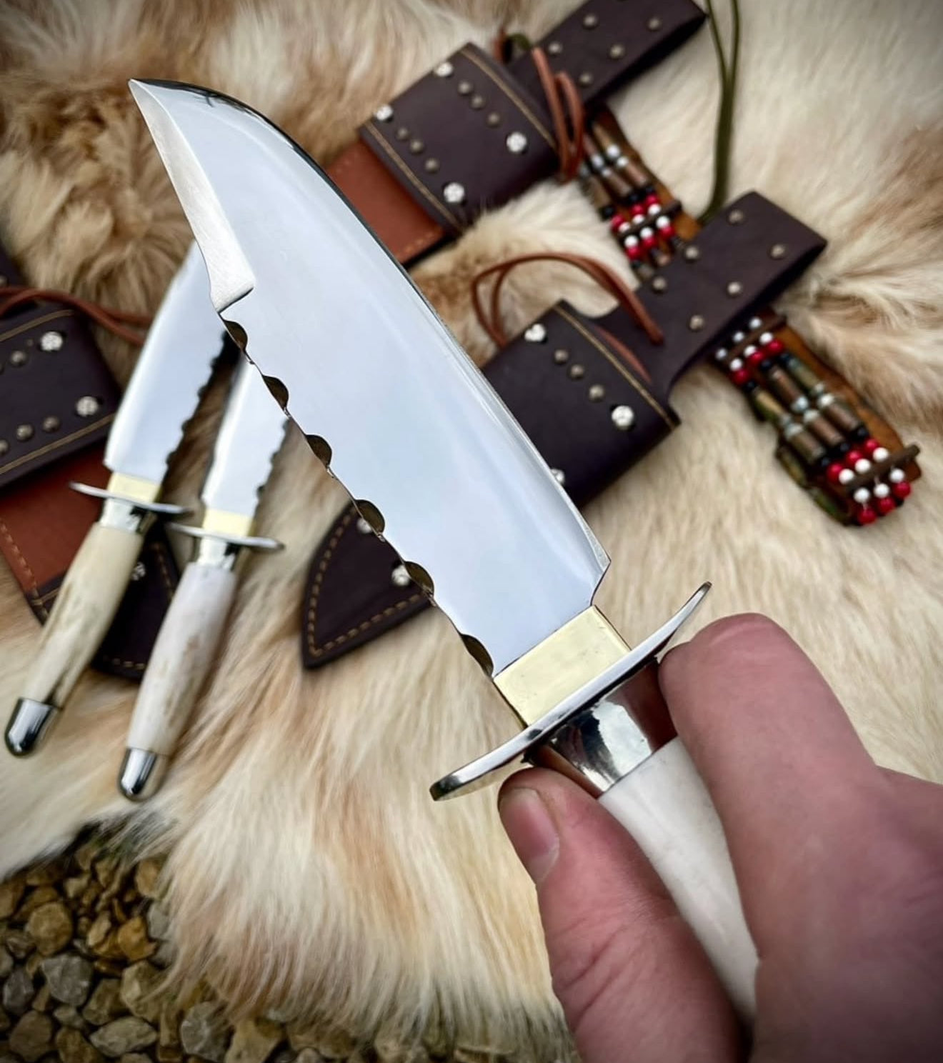 Colonel Bowie Knife Set of 3 | Mirror Polish Steel Blades with Stag Handles Unique Blades Runner