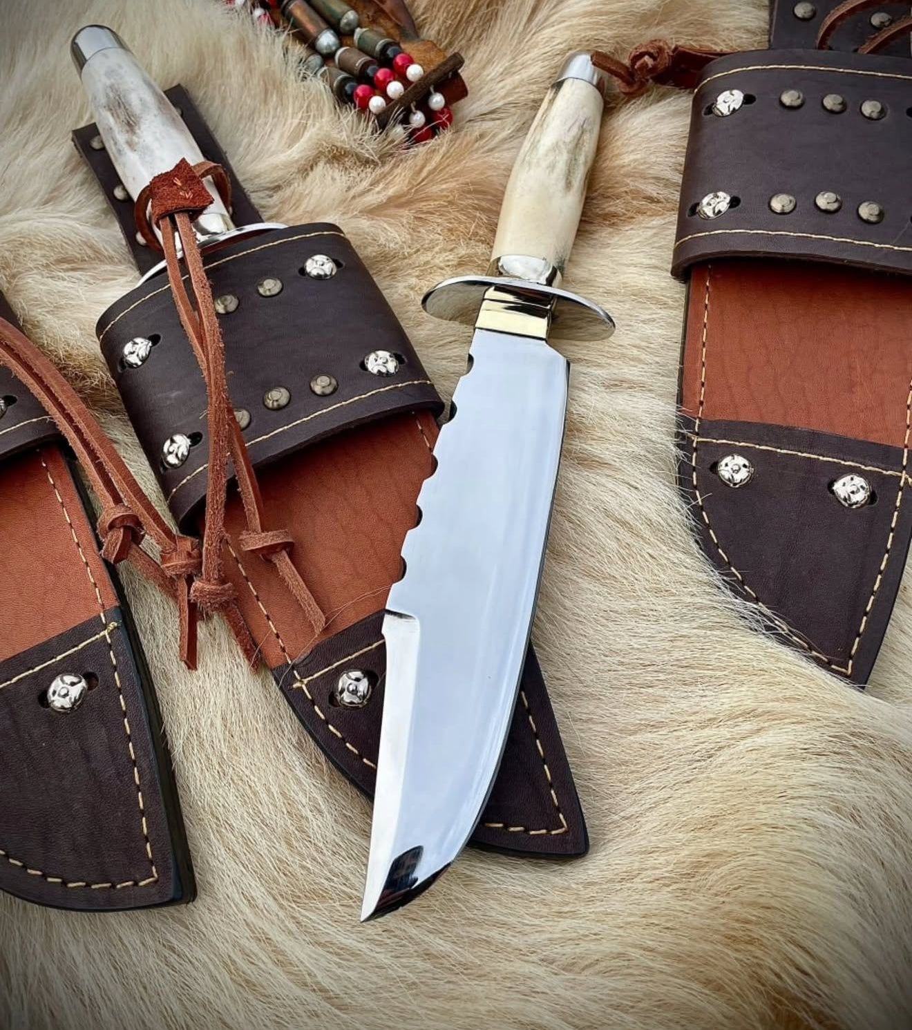 Colonel Bowie Knife Set of 3 | Mirror Polish Steel Blades with Stag Handles Unique Blades Runner