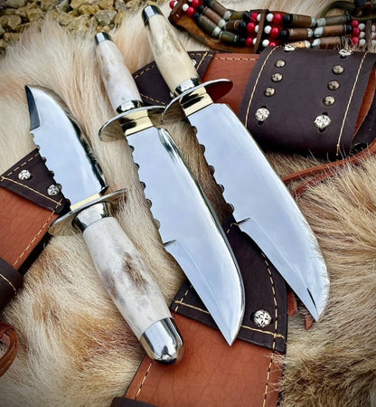 Colonel Bowie Knife Set of 3 | Mirror Polish Steel Blades with Stag Handles Unique Blades Runner