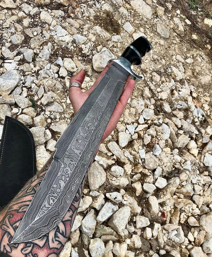 Predator Bowie Knife | Custom Handmade Damascus Steel with Leather Sheath Unique Blades Runner