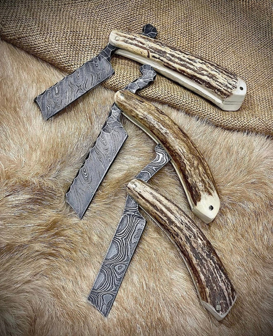 Damascus Steel Straight Razor Set | Handmade Stag Horn Shaving Razors Unique Blades Runner