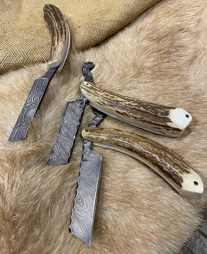 Damascus Steel Straight Razor Set | Handmade Stag Horn Shaving Razors Unique Blades Runner