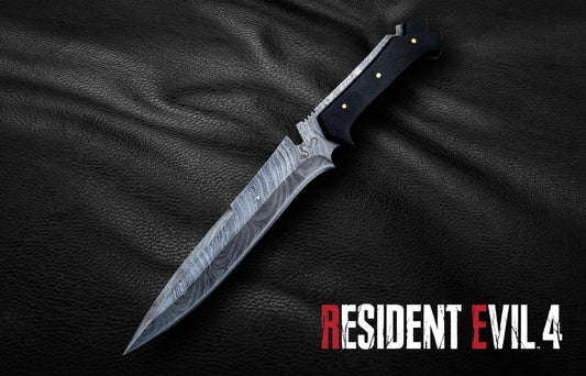 Resident Evil 4 Krauser Knife | Jack Krauser Damascus version with Leather Sheath Unique Blades Runner