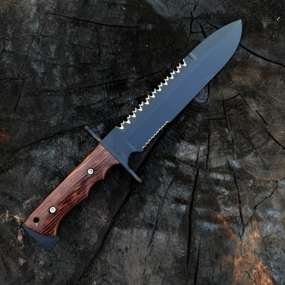 Serrated Back Bowie Knife – Handmade Full Tang Knife with Wood Handle Unique Blades Runner
