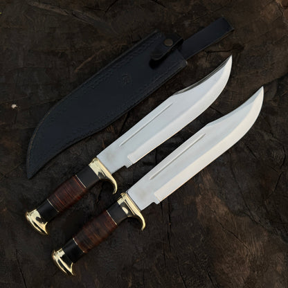 Set of 2 Crocodile Dundee Knife - D2 Tool Steel With Stacked Leather Unique Blades Runner