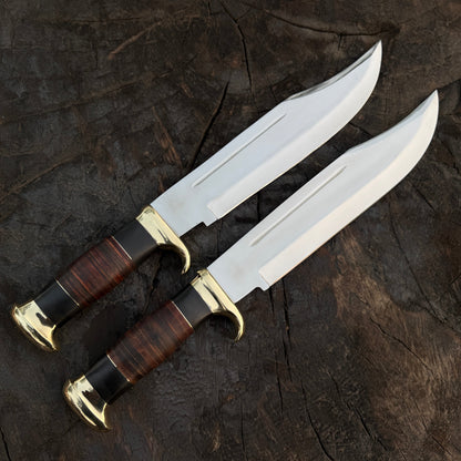 Set of 2 Crocodile Dundee Knife - D2 Tool Steel With Stacked Leather Unique Blades Runner