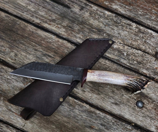 Forged Seax Knife with Antler Handle & Handmade Leather Sheath Unique Blades Runner