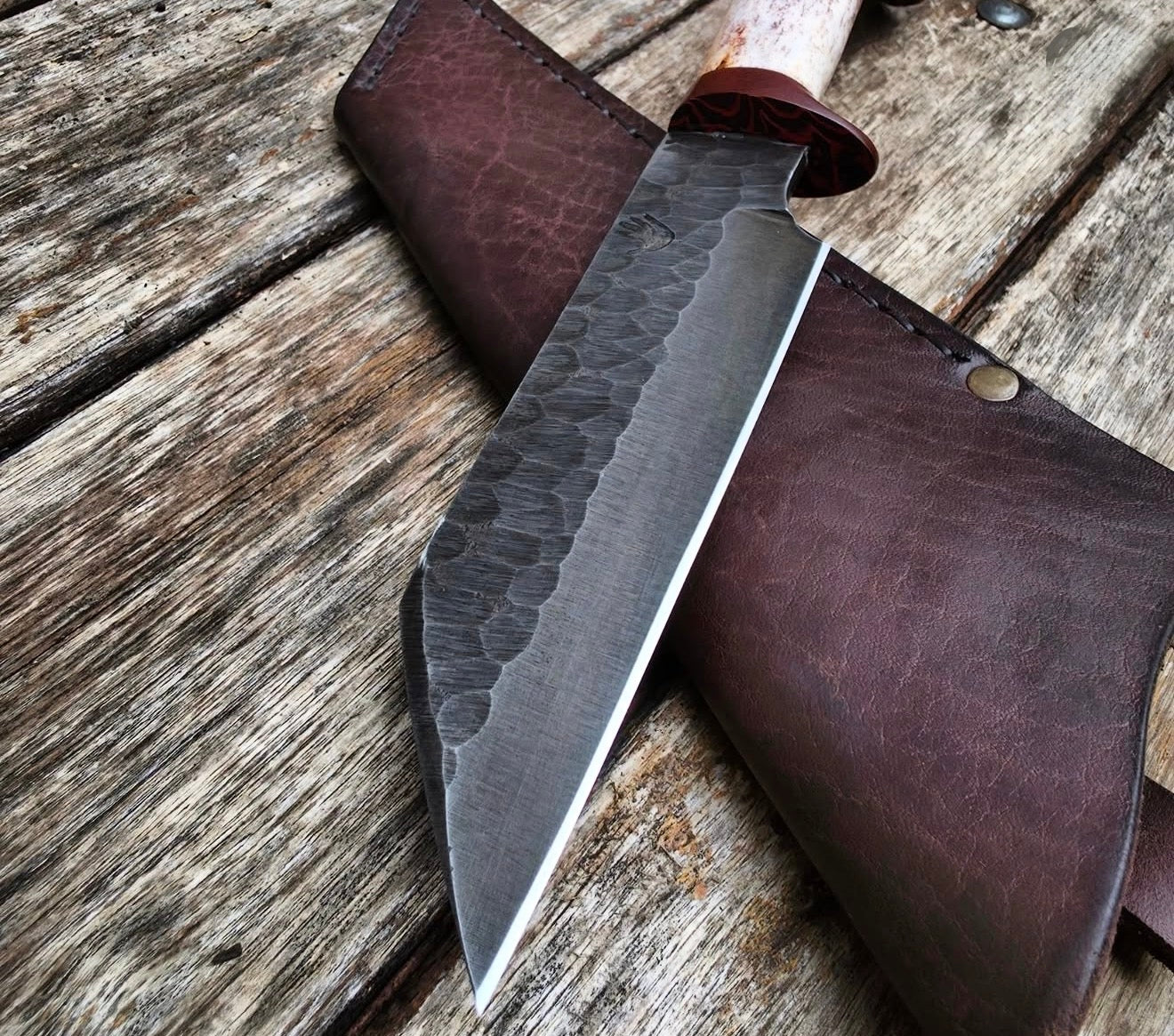 Forged Seax Knife with Antler Handle & Handmade Leather Sheath Unique Blades Runner
