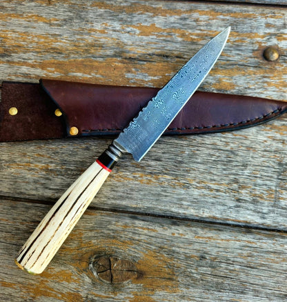 Damascus Kiritsuke Knife with Stag Antler Handle & Leather Sheath Unique Blades Runner