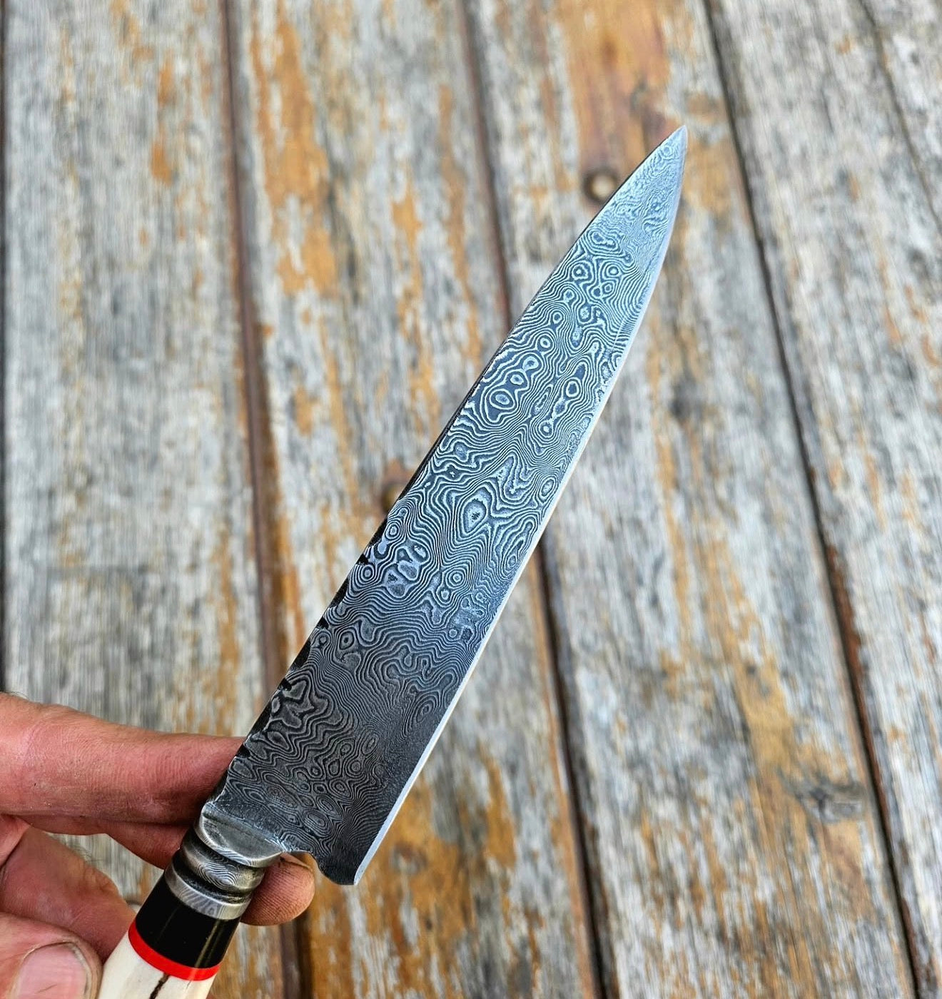 Damascus Kiritsuke Knife with Stag Antler Handle & Leather Sheath Unique Blades Runner