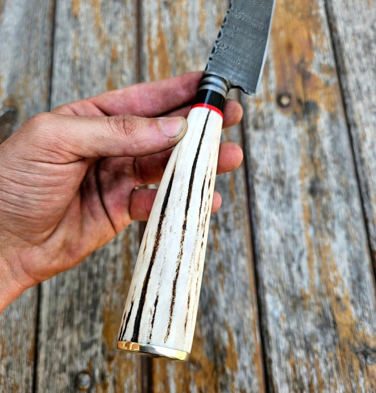 Damascus Kiritsuke Knife with Stag Antler Handle & Leather Sheath Unique Blades Runner