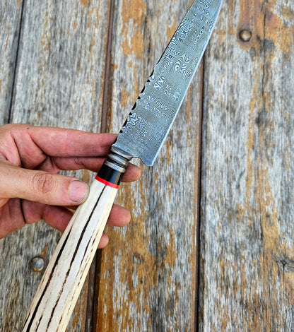 Damascus Kiritsuke Knife with Stag Antler Handle & Leather Sheath Unique Blades Runner