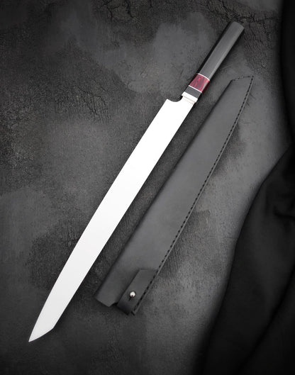 Handmade 14 inch brisket slicer knife with angled tip on dark textured surface
