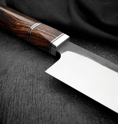 Octagonal striped wood knife handle with two thin light spacers and polished collar
