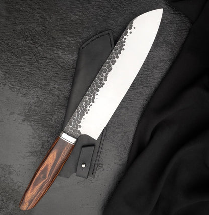 Chef Knife with Sheath – Handmade 8 Inch Hammered 440C, Wood Handle