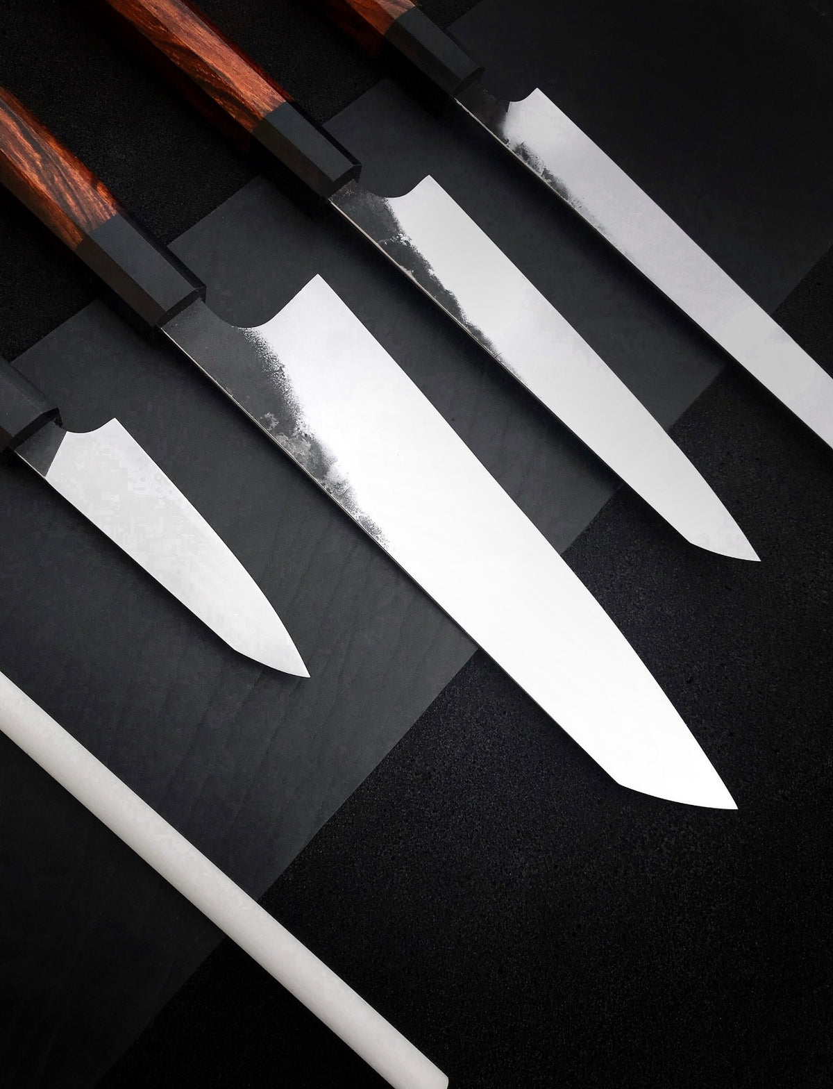 Handmade 5 piece kitchen knife set with octagonal wood handles and polished 440C blades
