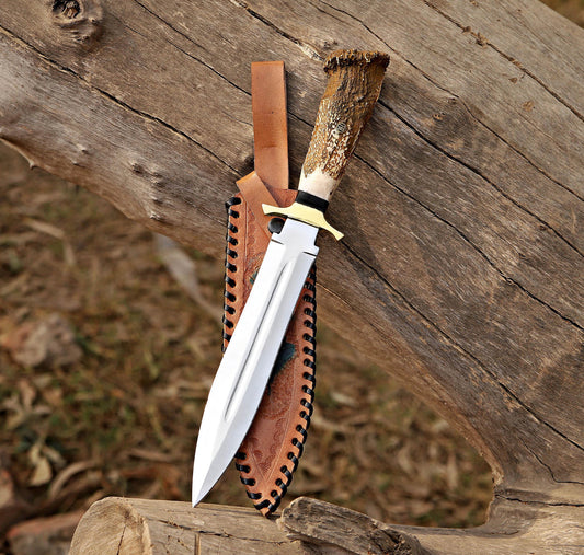 Stag-Handled Dagger Knife | Double-Edged Fullered Blade | Leather Sheath Unique Blades Runner