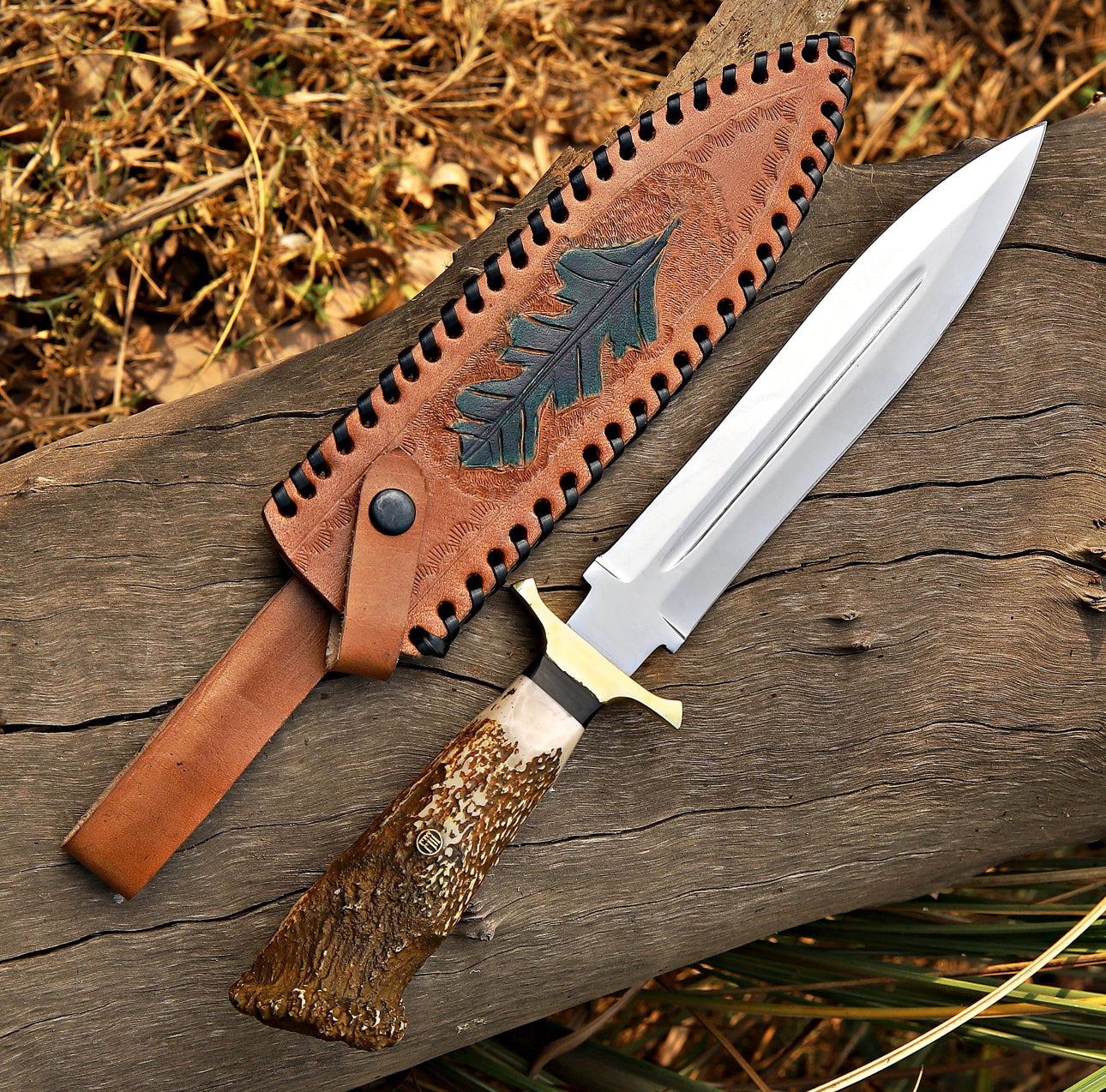 Stag-Handled Dagger Knife | Double-Edged Fullered Blade | Leather Sheath Unique Blades Runner