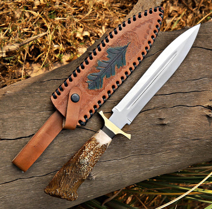Stag-Handled Dagger Knife | Double-Edged Fullered Blade | Leather Sheath Unique Blades Runner