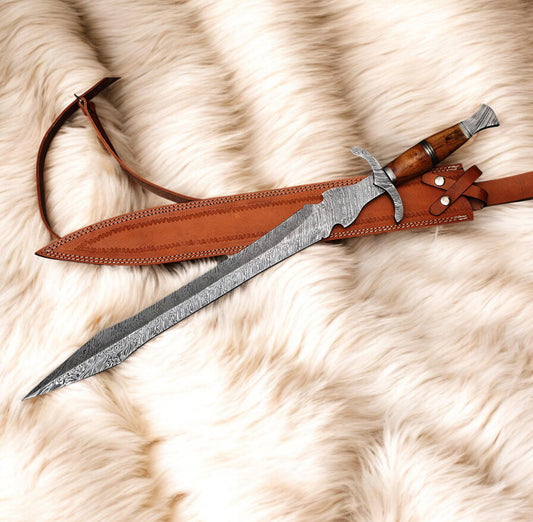 Fantasy Sword - Damascus Steel Blade With Leather Sheath