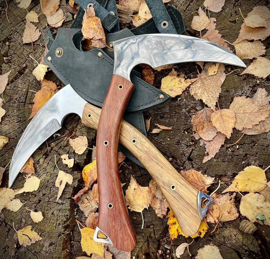 Hand Forged Steel Sickle Knife with Wooden Handle & Leather Sheath Unique Blades Runner