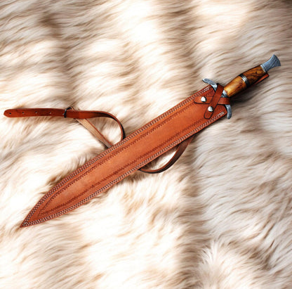 Fantasy Sword - Damascus Steel Blade With Leather Sheath Unique Blades Runner