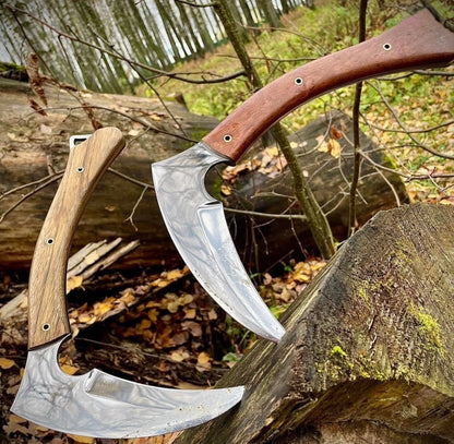 Hand Forged Steel Sickle Knife with Wooden Handle & Leather Sheath Unique Blades Runner
