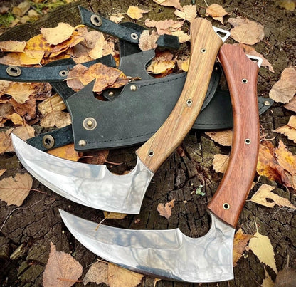 Hand Forged Steel Sickle Knife with Wooden Handle & Leather Sheath Unique Blades Runner