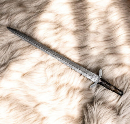 Handmade Damascus Steel Viking Sword With Wood Grip & Wide Fuller Blade Unique Blades Runner