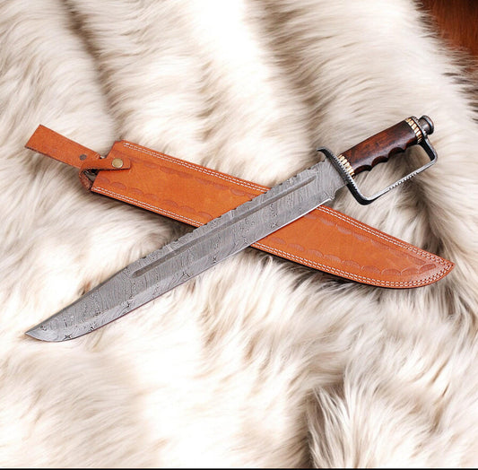 D-Guard Frontier Bowie Knife | Damascus Steel With Hardwood Grip & Leather Sheath Unique Blades Runner