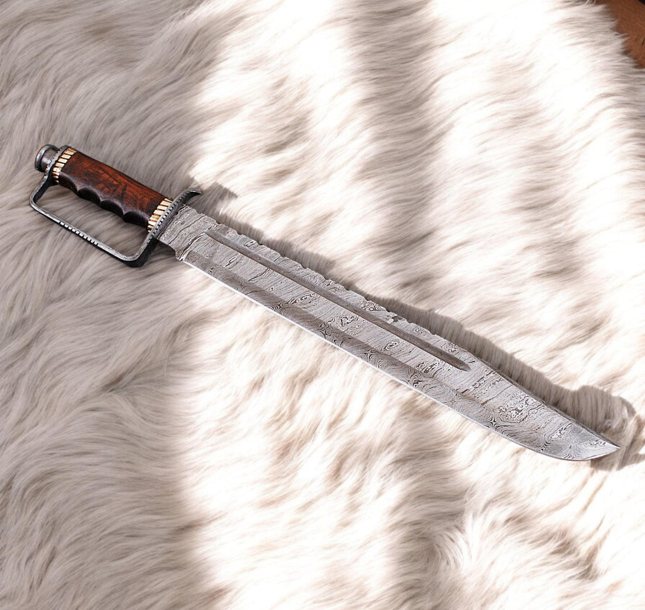 D-Guard Frontier Bowie Knife | Damascus Steel With Hardwood Grip & Leather Sheath Unique Blades Runner