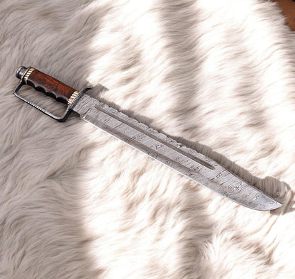 D-Guard Frontier Bowie Knife | Damascus Steel With Hardwood Grip & Leather Sheath Unique Blades Runner