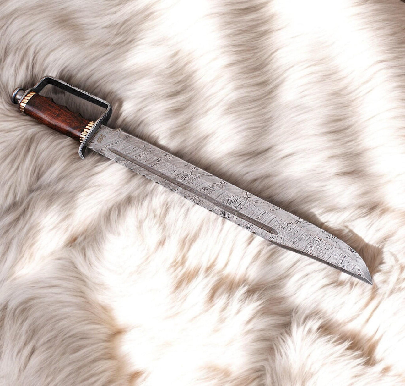 D-Guard Frontier Bowie Knife | Damascus Steel With Hardwood Grip & Leather Sheath Unique Blades Runner