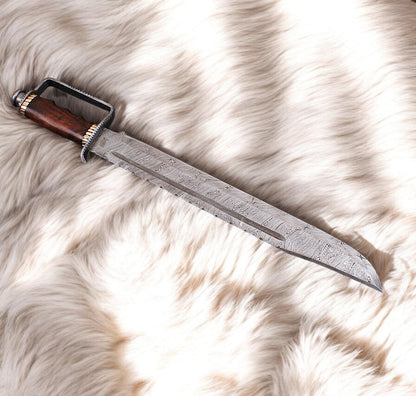 D-Guard Frontier Bowie Knife | Damascus Steel With Hardwood Grip & Leather Sheath Unique Blades Runner