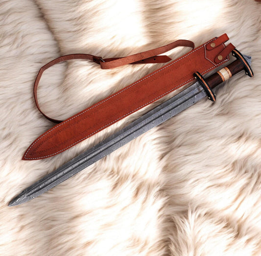 Custom Handmade Damascus Steel Viking Sword with Exotic Wood Handle Unique Blades Runner