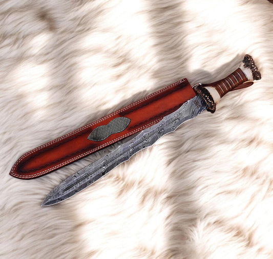 Damascus Steel Viking Sword Custom Handmade with Stag Horn Handle Unique Blades Runner