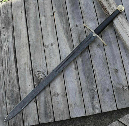 Custom Handmade Damascus Steel Medieval Longsword with Black Leather Sheath Unique Blades Runner